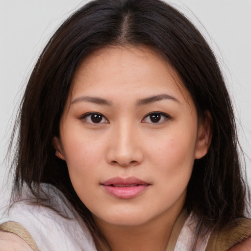 Neutral asian young-adult female with long  brown hair and brown eyes