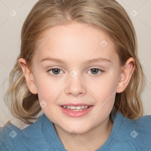 Joyful white child female with medium  brown hair and blue eyes