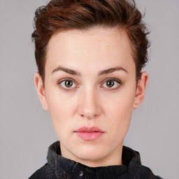 Neutral white young-adult female with short  brown hair and brown eyes