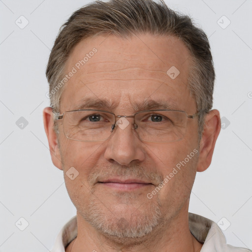 Joyful white middle-aged male with short  brown hair and brown eyes