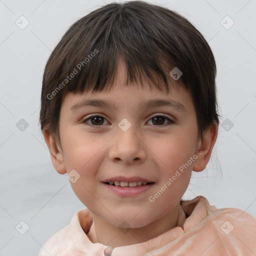 Joyful white child female with short  brown hair and brown eyes