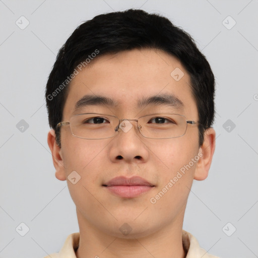 Neutral asian young-adult male with short  brown hair and brown eyes