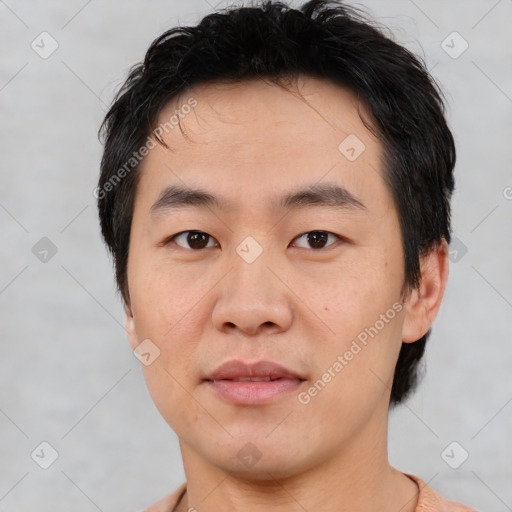 Neutral asian young-adult male with short  black hair and brown eyes