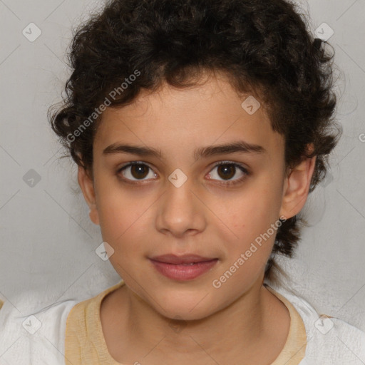 Joyful white child female with short  brown hair and brown eyes