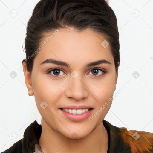 Joyful white young-adult female with medium  brown hair and brown eyes