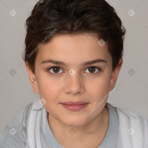 Joyful white child female with medium  brown hair and brown eyes