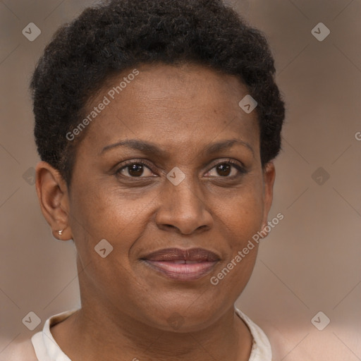 Joyful black adult female with short  brown hair and brown eyes