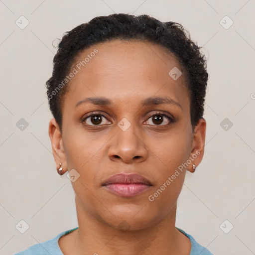 Neutral black young-adult female with short  brown hair and brown eyes