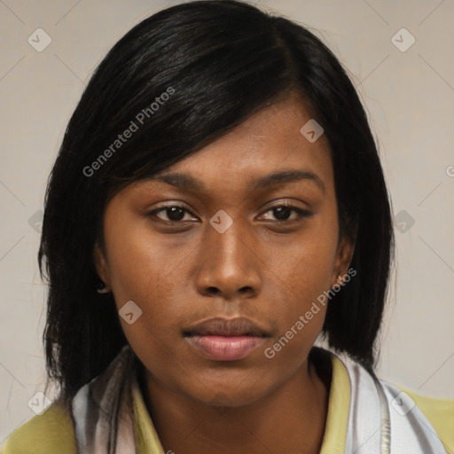 Neutral asian young-adult female with medium  black hair and brown eyes