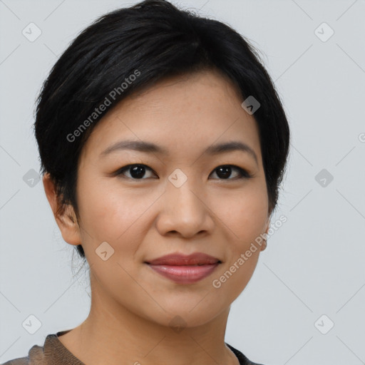 Joyful latino young-adult female with short  brown hair and brown eyes