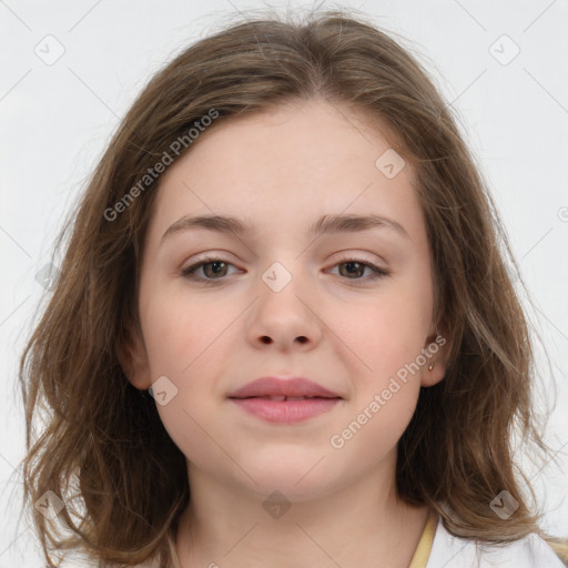 Joyful white child female with medium  brown hair and brown eyes