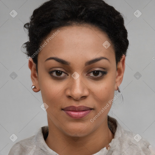 Joyful latino young-adult female with short  brown hair and brown eyes