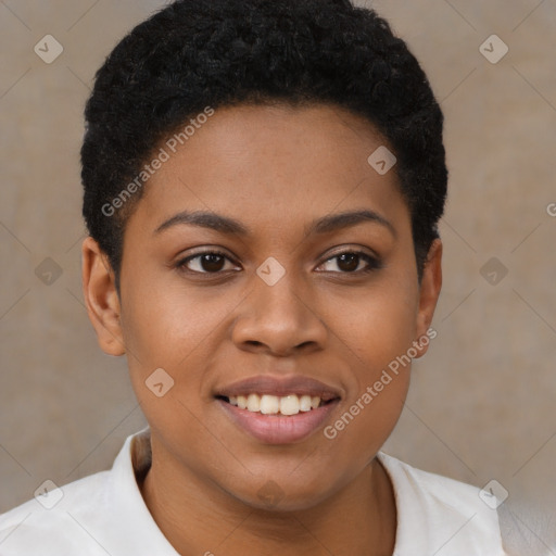 Joyful black young-adult female with short  brown hair and brown eyes