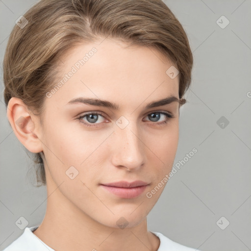 Neutral white young-adult female with medium  brown hair and brown eyes