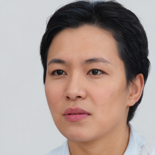Neutral asian young-adult female with short  black hair and brown eyes