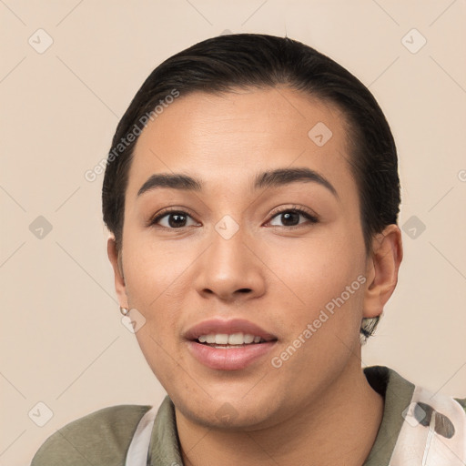 Joyful white young-adult female with short  brown hair and brown eyes