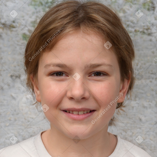 Joyful white child female with medium  brown hair and brown eyes