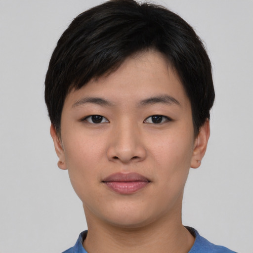 Neutral asian young-adult female with short  black hair and brown eyes