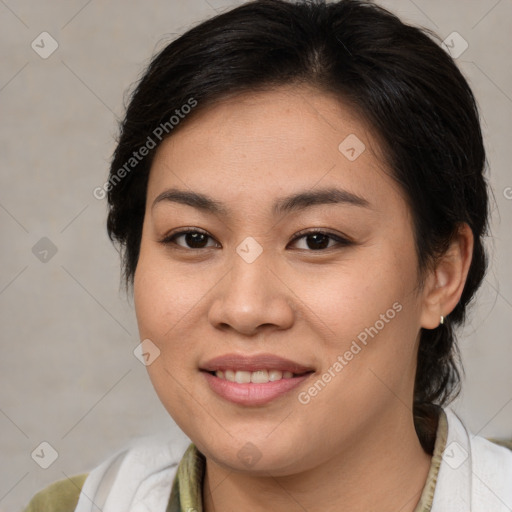 Joyful white young-adult female with medium  brown hair and brown eyes