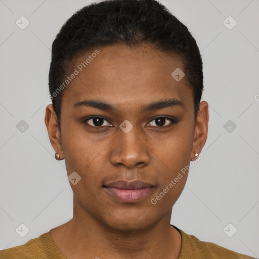 Neutral black young-adult male with short  black hair and brown eyes