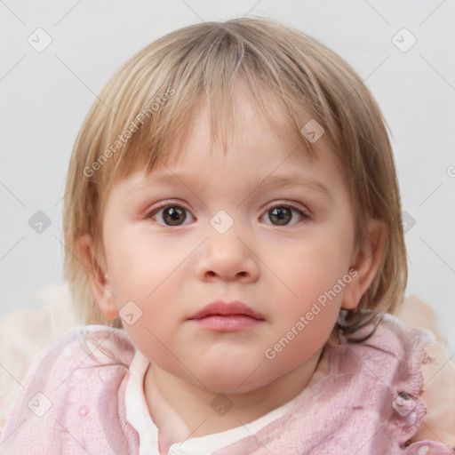 Neutral white child female with medium  brown hair and blue eyes