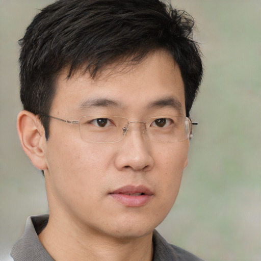 Neutral asian young-adult male with short  brown hair and brown eyes