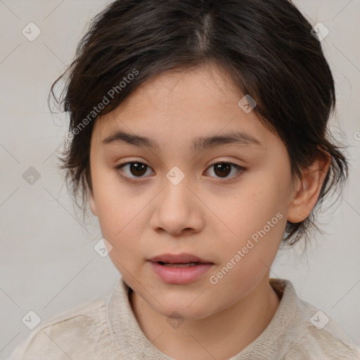 Joyful white child female with medium  brown hair and brown eyes