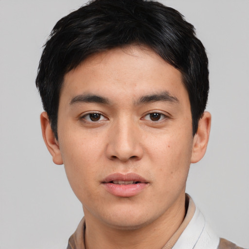 Neutral white young-adult male with short  black hair and brown eyes