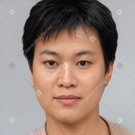 Neutral asian young-adult male with short  black hair and brown eyes