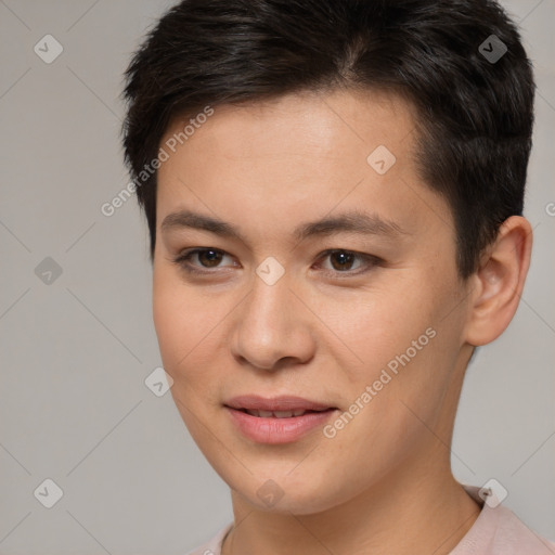 Joyful white young-adult female with short  brown hair and brown eyes