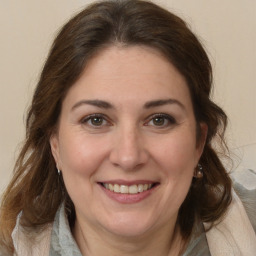 Joyful white adult female with medium  brown hair and brown eyes