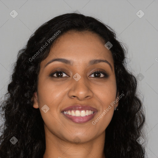 Joyful latino young-adult female with long  brown hair and brown eyes