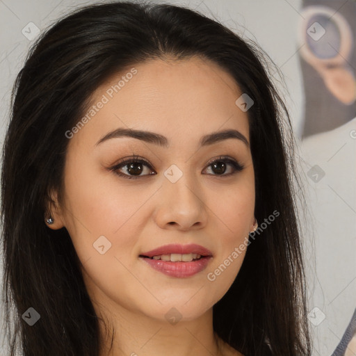 Joyful asian young-adult female with long  brown hair and brown eyes