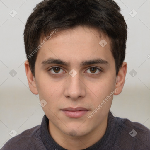 Neutral white young-adult male with short  brown hair and brown eyes