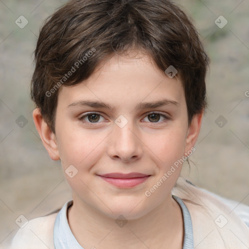 Joyful white child female with medium  brown hair and brown eyes