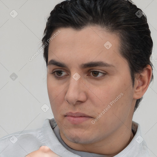 Neutral white young-adult male with short  brown hair and brown eyes