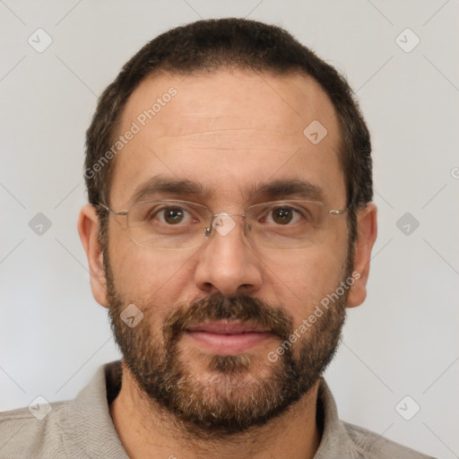 Joyful white adult male with short  brown hair and brown eyes