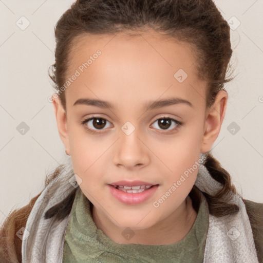 Joyful white child female with short  brown hair and brown eyes