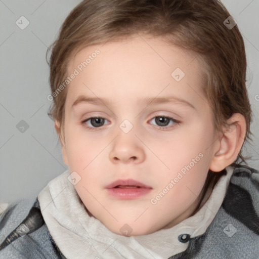 Neutral white child female with medium  brown hair and blue eyes