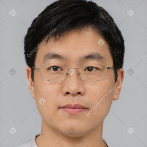 Neutral asian young-adult male with short  brown hair and brown eyes