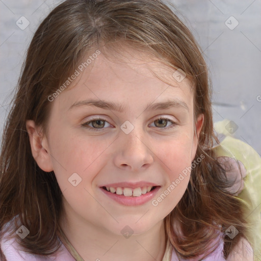 Joyful white child female with medium  brown hair and grey eyes