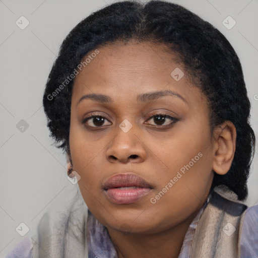 Neutral black young-adult female with medium  black hair and brown eyes