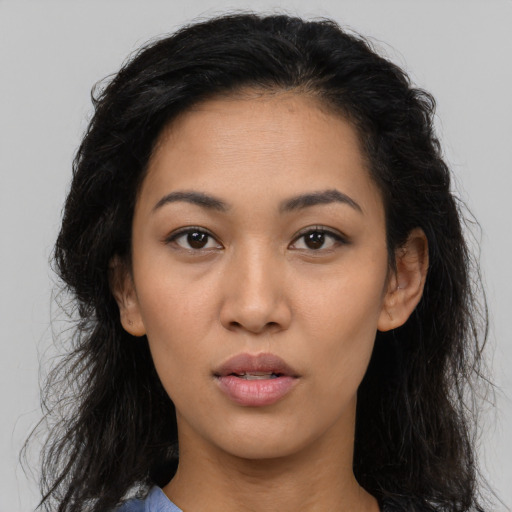 Neutral asian young-adult female with long  black hair and brown eyes