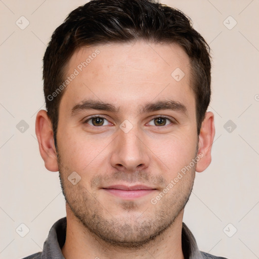 Neutral white young-adult male with short  brown hair and brown eyes