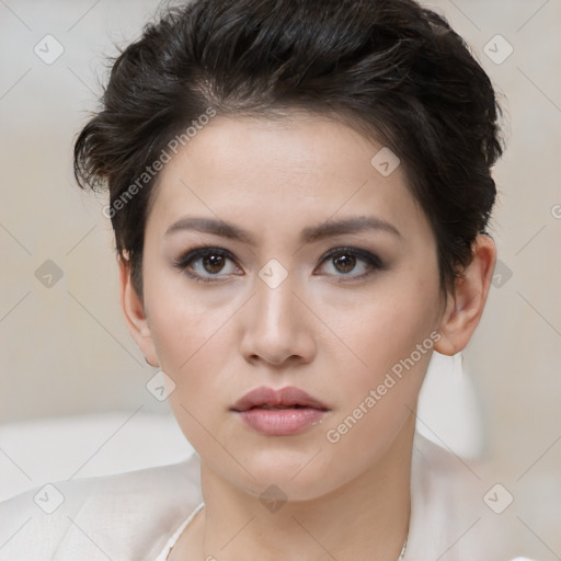 Neutral white young-adult female with medium  brown hair and brown eyes