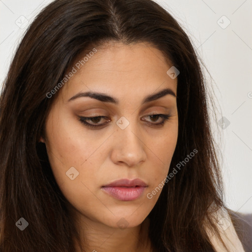 Neutral white young-adult female with long  brown hair and brown eyes