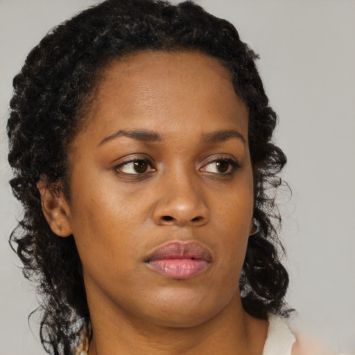 Neutral black young-adult female with medium  brown hair and brown eyes