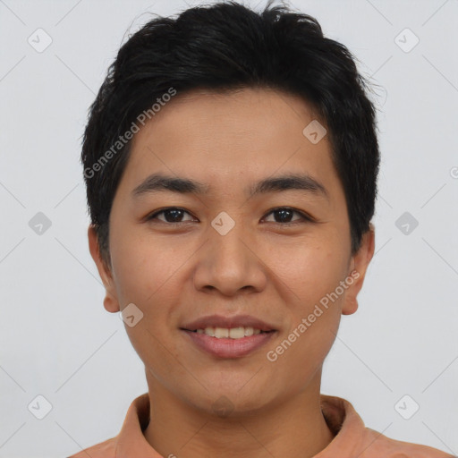 Joyful asian young-adult male with short  brown hair and brown eyes