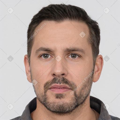 Neutral white adult male with short  brown hair and brown eyes