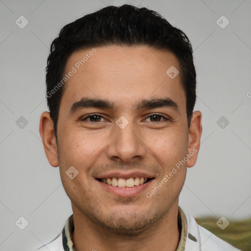 Joyful white young-adult male with short  black hair and brown eyes